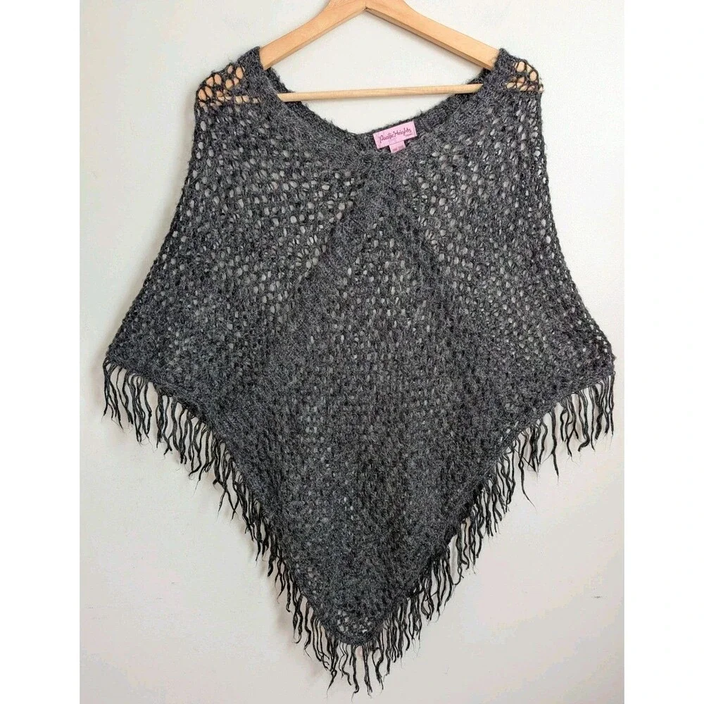 Y2K Cobweb Crochet Poncho Wool Mohair Blend Boho Retro Hippy Fuzzy Soft Gray S M